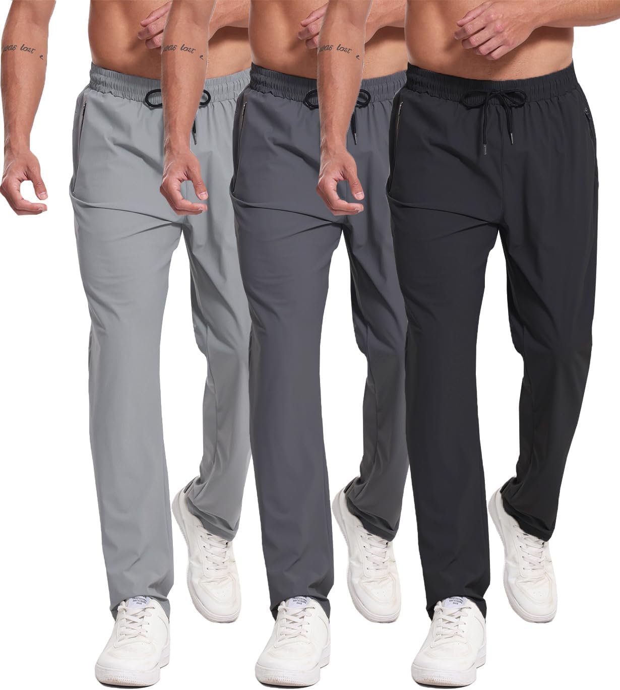 3 Pack Men's Athletic Sweatpants with Zipper Pockets Workout Gym Running Hiking Active Cooling Stretch Joggers Pants
