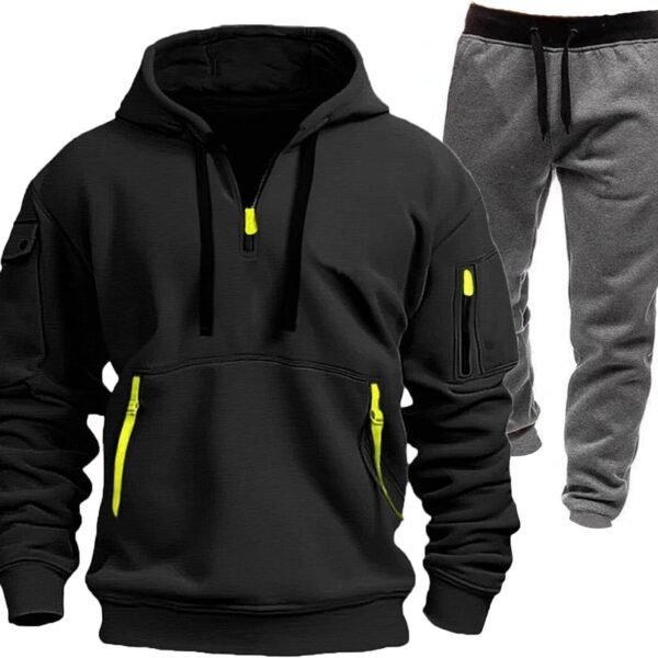 Men's Winter Fleece Multi Pocket Zipper Sweatshirt 2 Piece Set Personalized Sweatpants Casual Sweatsuits Hoodie
